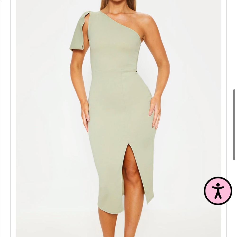 Sage Green One Shoulder Bow Detail Midi Dress
